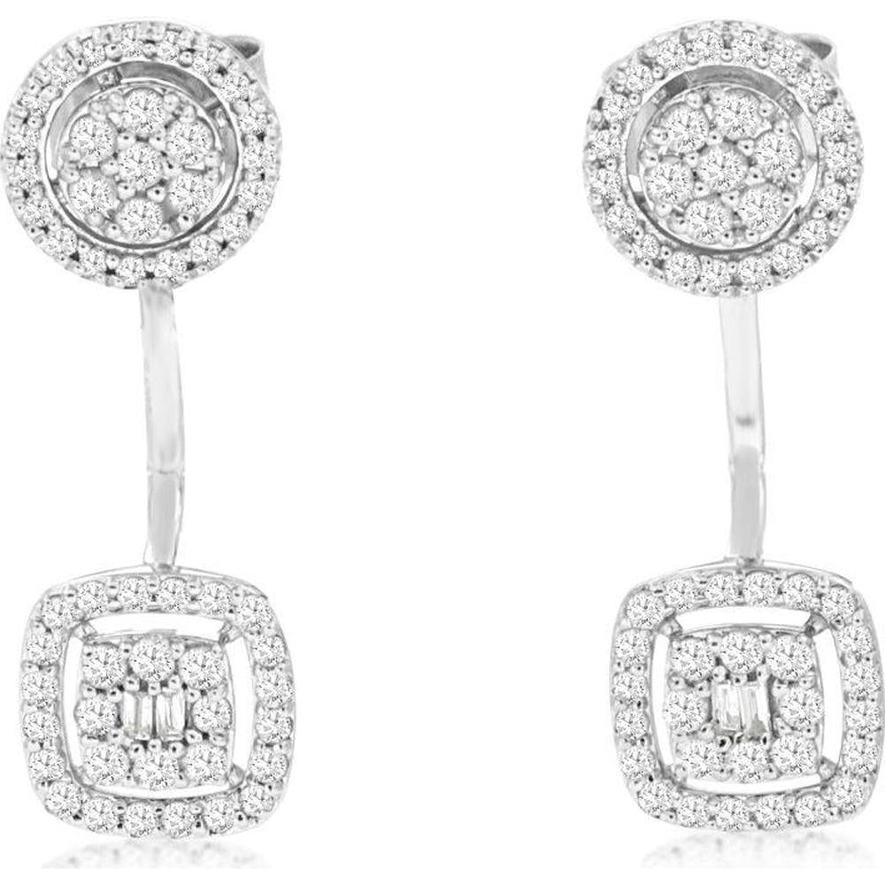 Royal Sparkling 14K White Gold Diamond Earrings - 0.55 Carat Main Stone, Baguette Accents