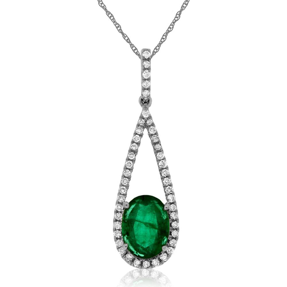 Royal Sparkling 14K White Gold Oval Emerald and Diamond Halo Pendant
