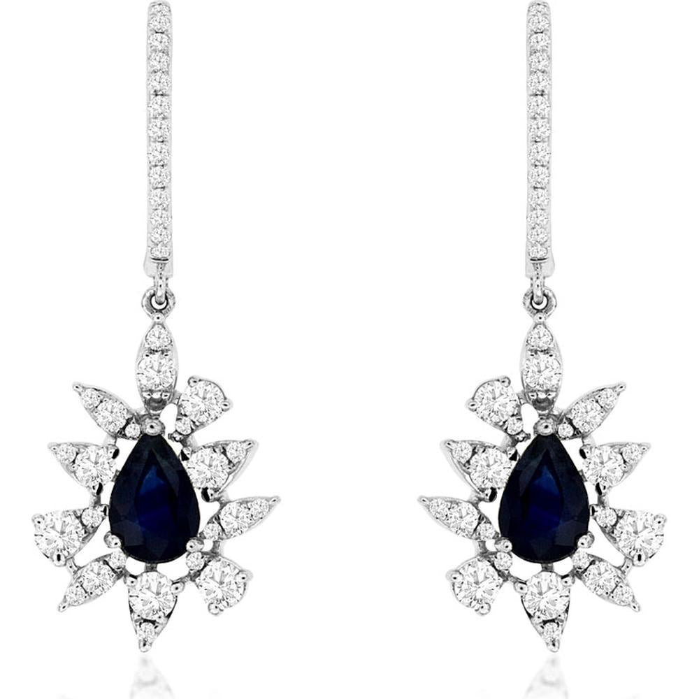 Royal Stunning 14K White Gold Sapphire & Diamond Pear Earrings - 1.00 Carat Sapphire, 0.75 Carat Total Diamond Weight
