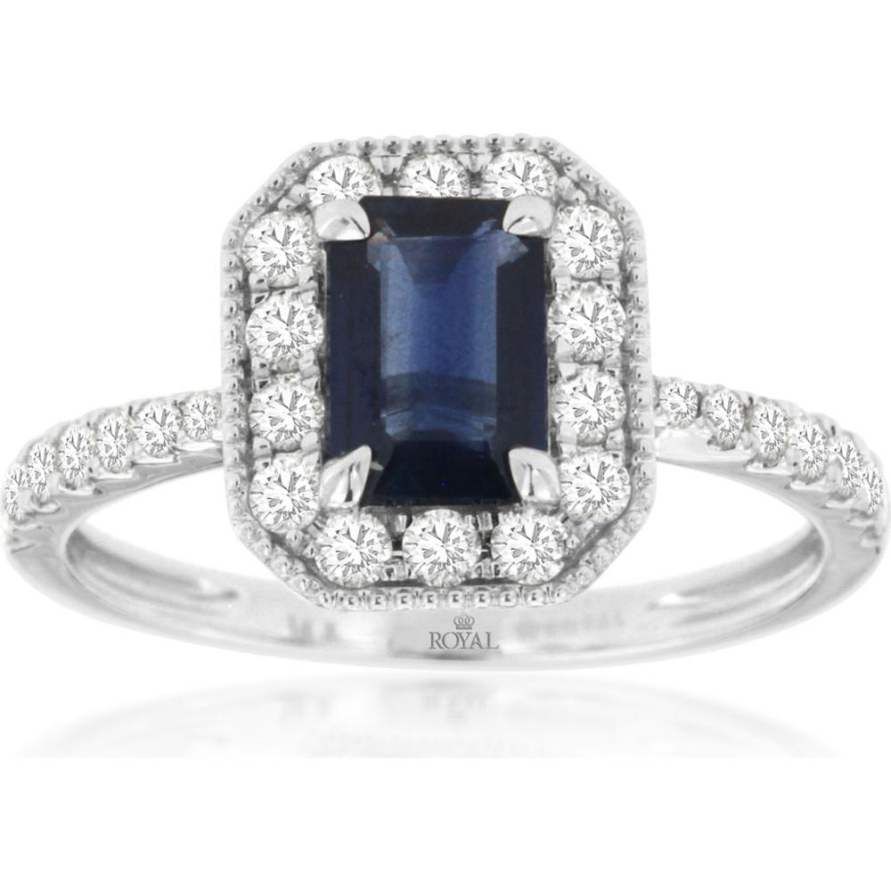 Royal Timeless 14K White Gold Sapphire and Diamond Halo Ring - 1.09 Carat Sapphire, 0.50 Carat Diamonds