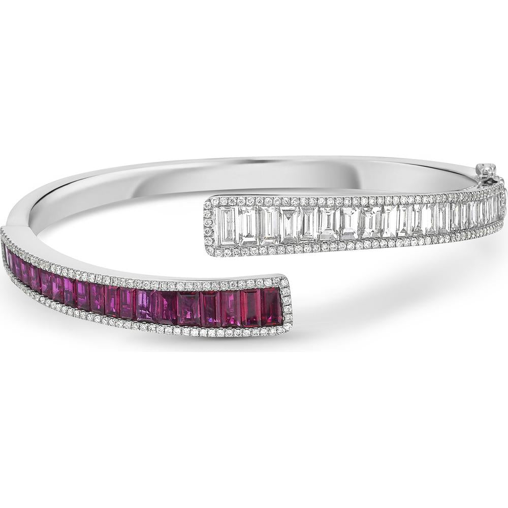 Ruby and Diamond Baguette Bypass Cuff Bracelet in 18K White Gold by Charles Krypell