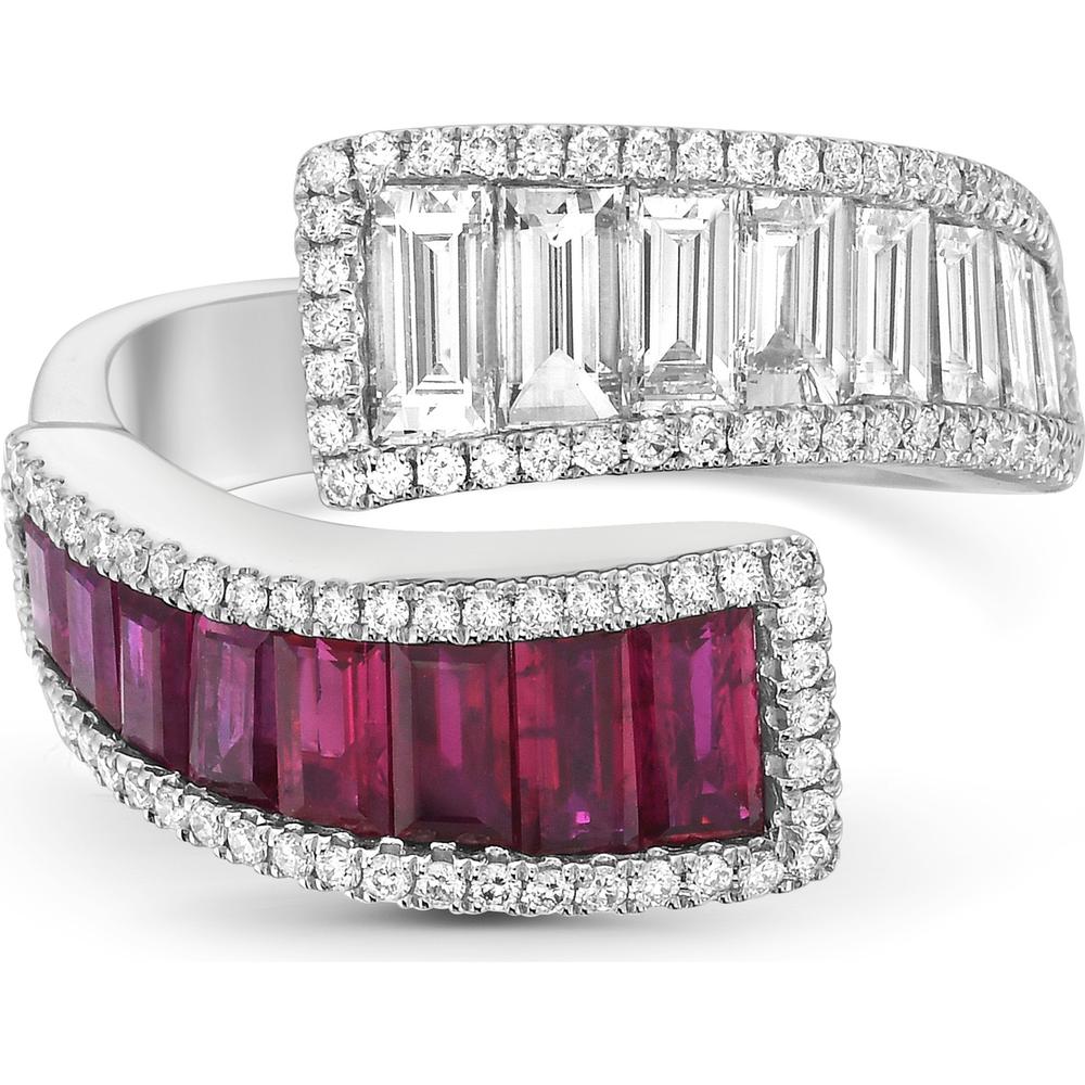 Ruby and Diamond Baguette Bypass Ring in 18K White Gold by Charles Krypell