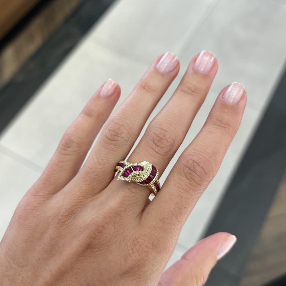Ruby and Diamond Baguette Embrace Ring in 18K Yellow Gold by Charles Krypell