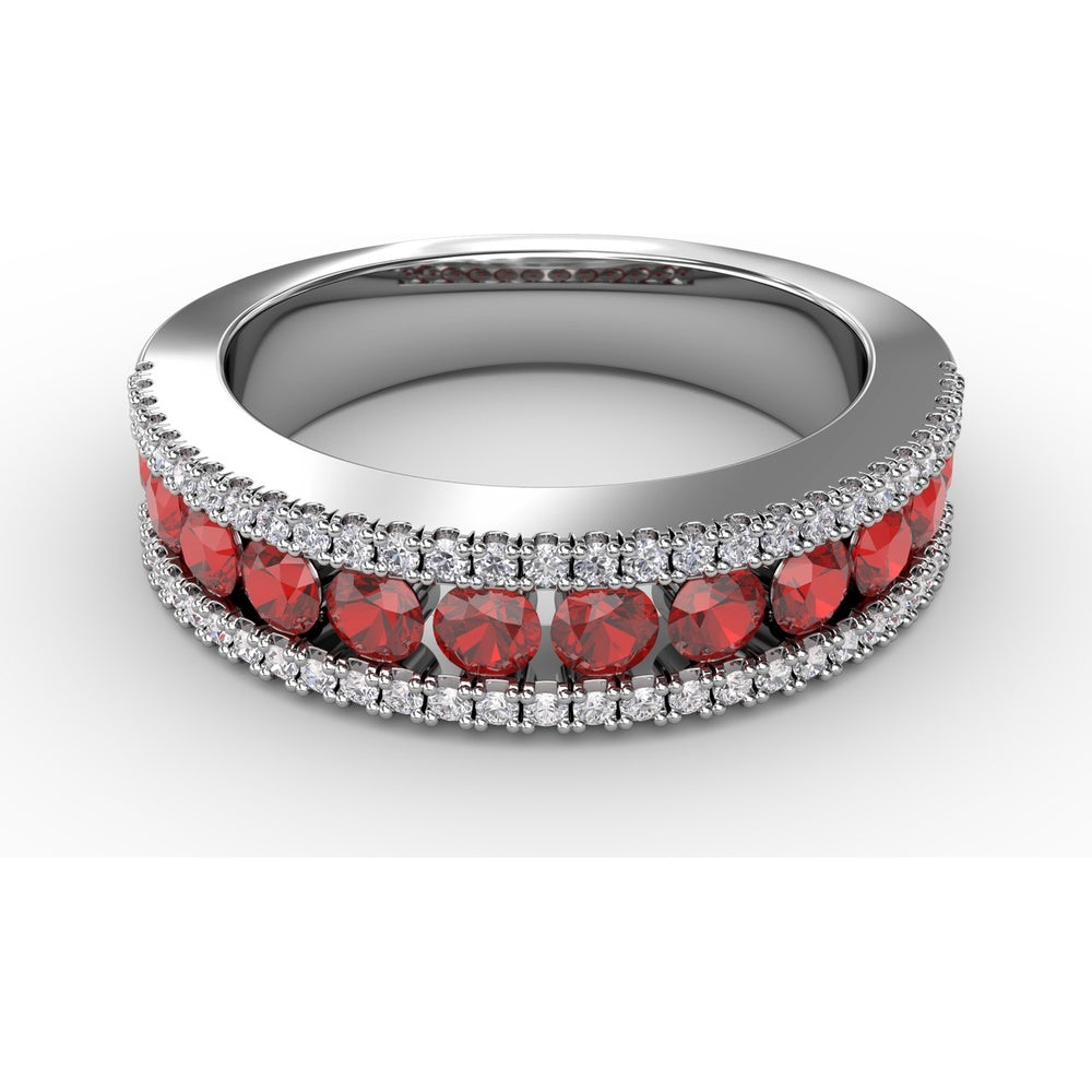 Ruby and Diamond Channel Set Band with Pavé Borders by Fana - 1.25 Carat Total Gemstone Weight