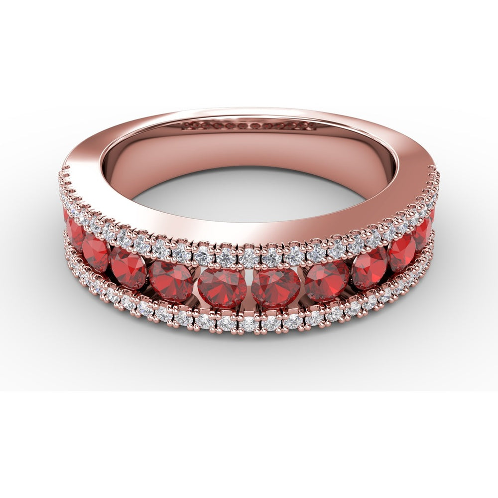 Ruby and Diamond Channel Set Band with Pavé Borders by Fana - 1.25 Carat Total Gemstone Weight
