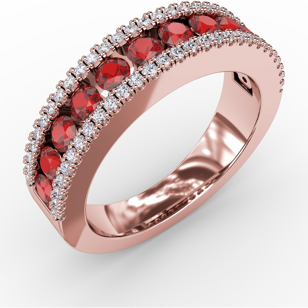 Ruby and Diamond Channel Set Band with Pavé Borders by Fana - 1.25 Carat Total Gemstone Weight