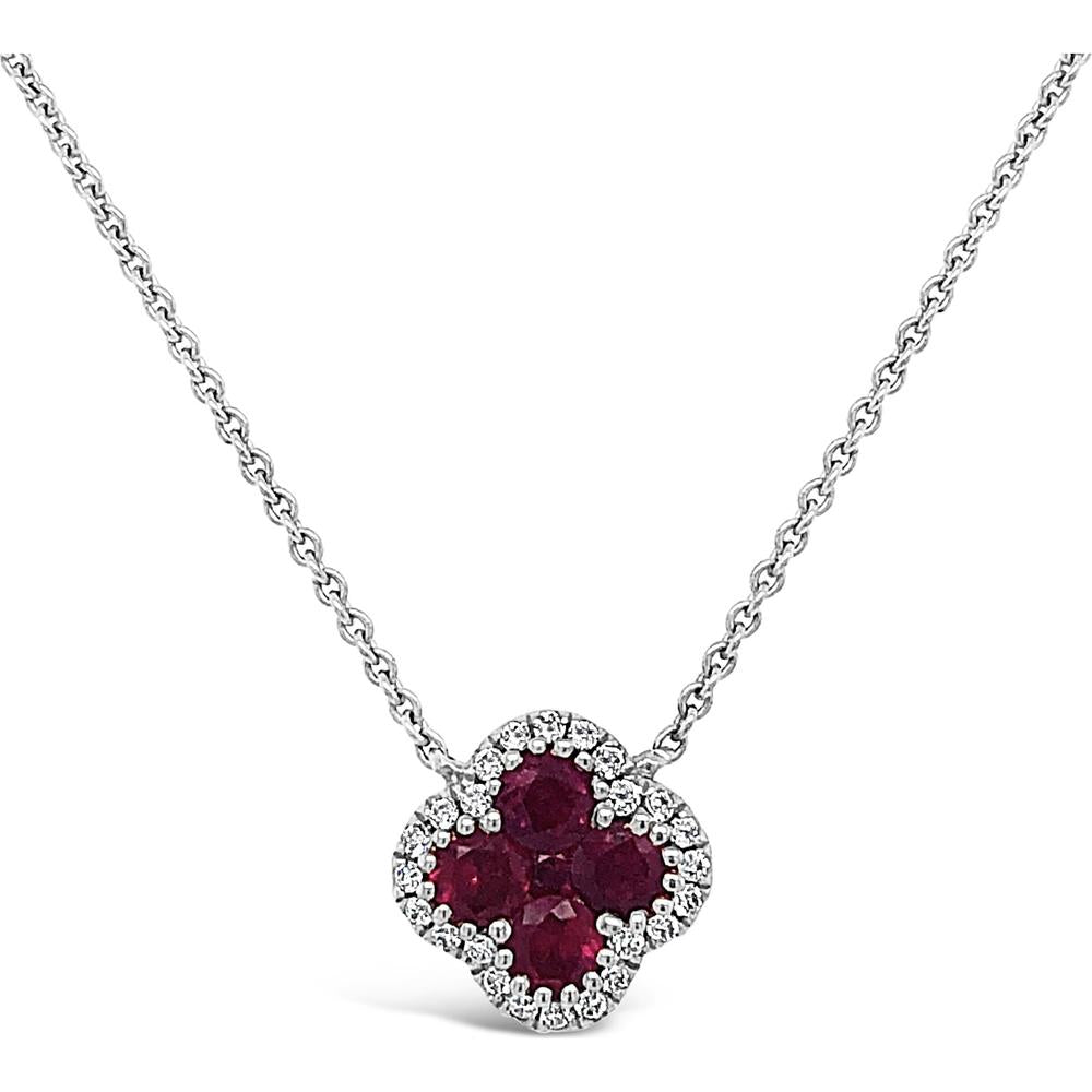 Ruby and Diamond Clover Pendant Necklace in 18K White Gold by Charles Krypell