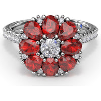 Ruby and Diamond Cluster Flower Ring with Pavé Band by Fana - 3.12 Carat Total Gemstone Weight
