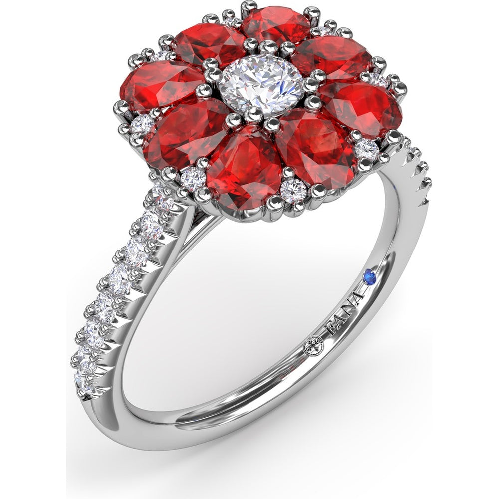 Ruby and Diamond Cluster Flower Ring with Pavé Band by Fana - 3.12 Carat Total Gemstone Weight