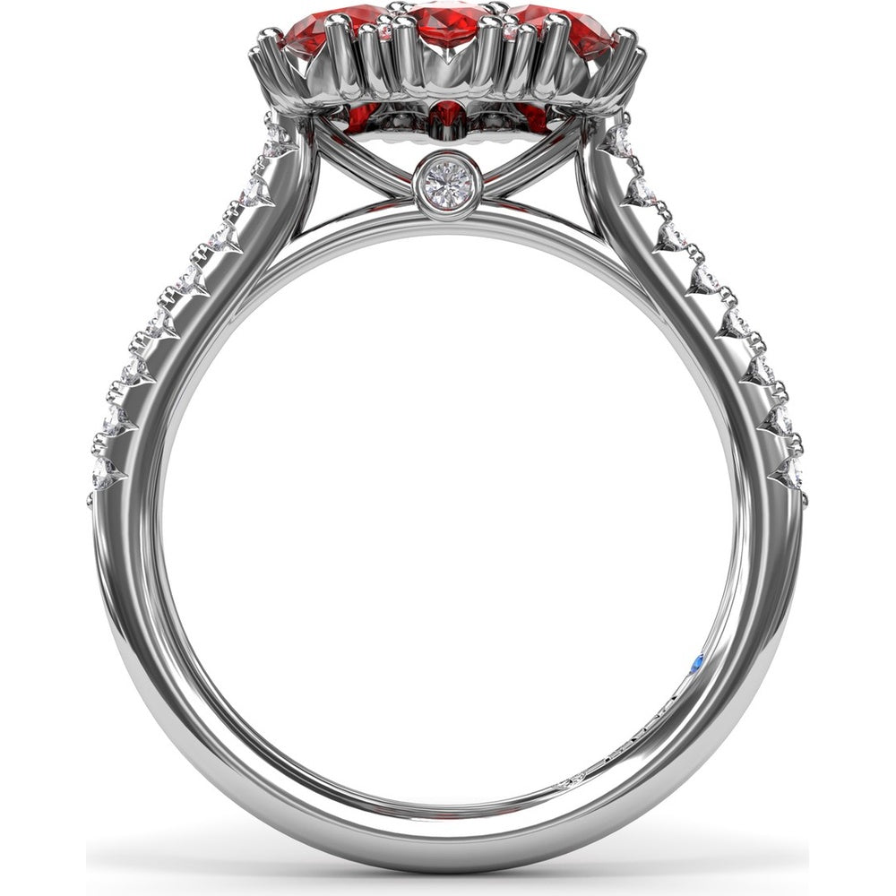 Ruby and Diamond Cluster Flower Ring with Pavé Band by Fana - 3.12 Carat Total Gemstone Weight