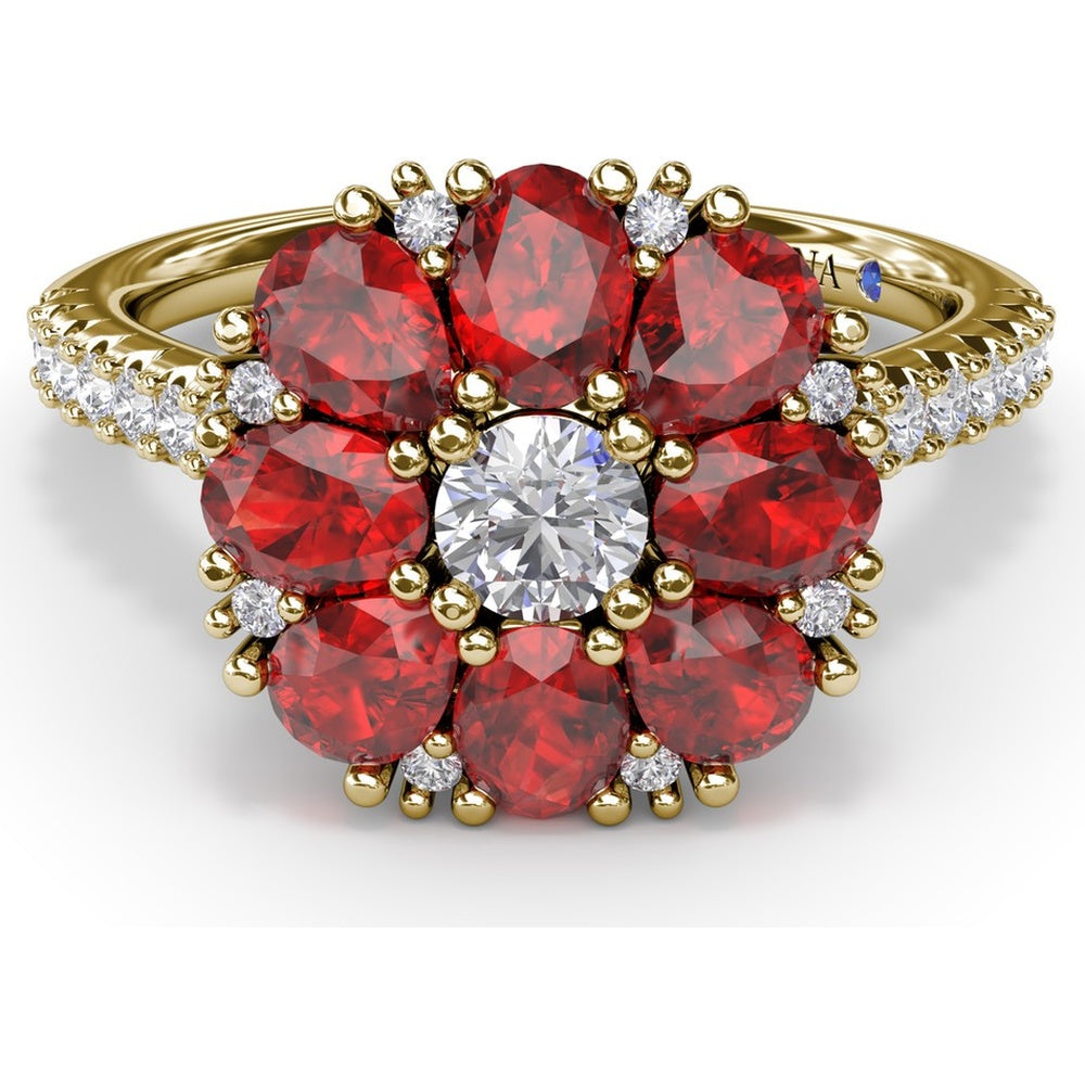 Ruby and Diamond Cluster Flower Ring with Pavé Band by Fana - 3.12 Carat Total Gemstone Weight