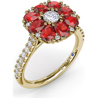 Ruby and Diamond Cluster Flower Ring with Pavé Band by Fana - 3.12 Carat Total Gemstone Weight