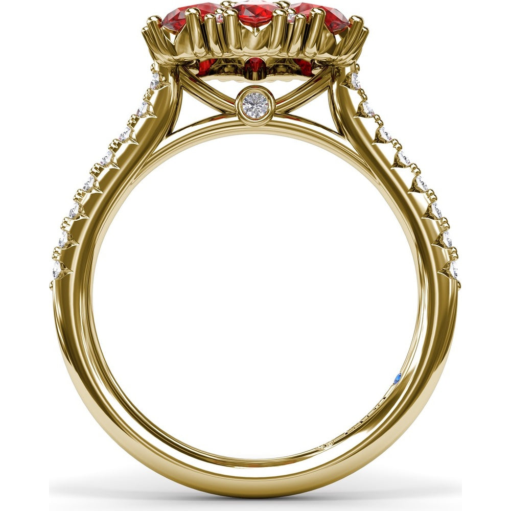 Ruby and Diamond Cluster Flower Ring with Pavé Band by Fana - 3.12 Carat Total Gemstone Weight