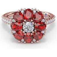 Ruby and Diamond Cluster Flower Ring with Pavé Band by Fana - 3.12 Carat Total Gemstone Weight