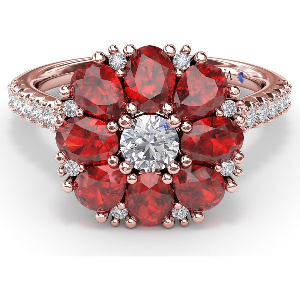 Ruby and Diamond Cluster Flower Ring with Pavé Band by Fana - 3.12 Carat Total Gemstone Weight