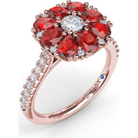 Ruby and Diamond Cluster Flower Ring with Pavé Band by Fana - 3.12 Carat Total Gemstone Weight