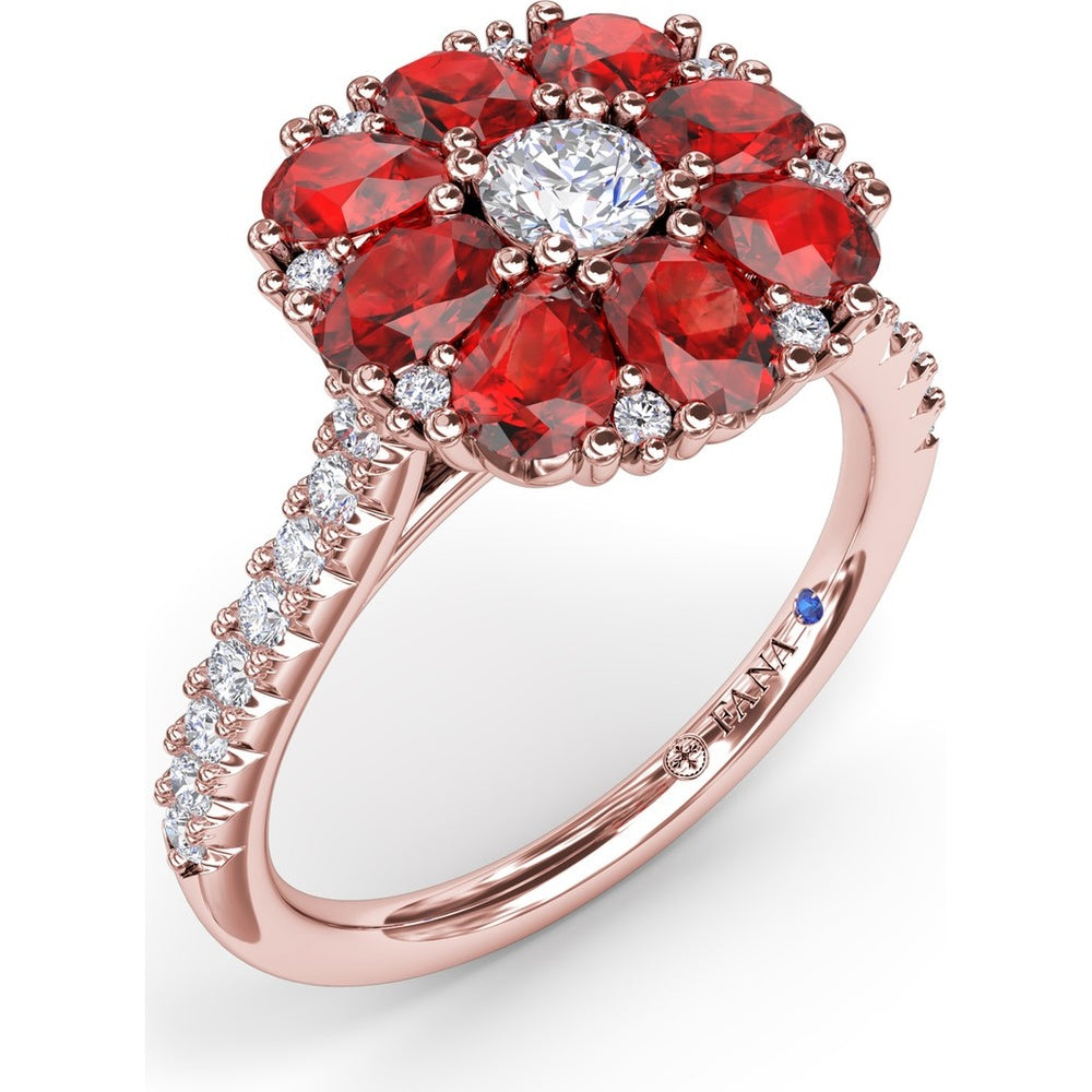 Ruby and Diamond Cluster Flower Ring with Pavé Band by Fana - 3.12 Carat Total Gemstone Weight