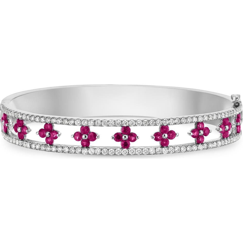 Ruby and Diamond Floating Clover Bangle Bracelet in 18K White Gold by Charles Krypell