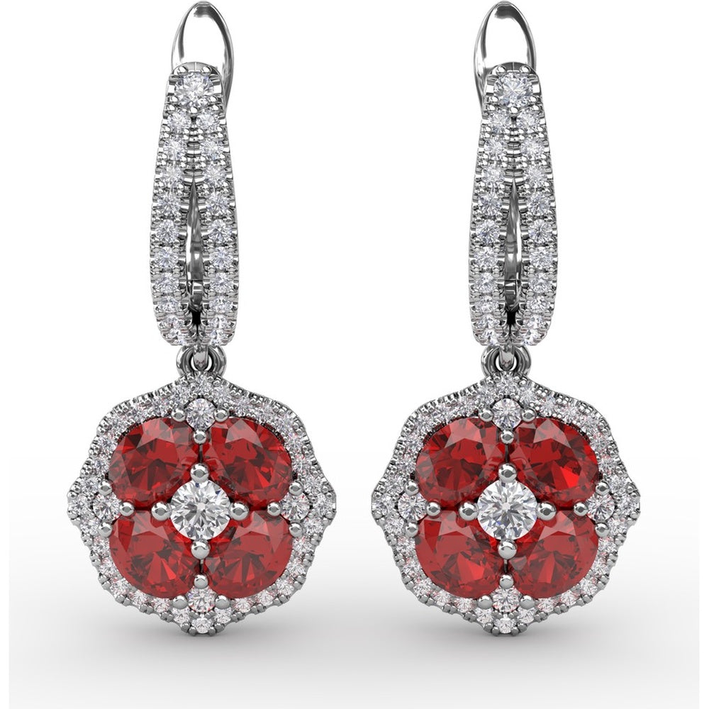 Ruby and Diamond Floral Cluster Drop Earrings by Fana - 2.59 Carat Total Gemstone Weight