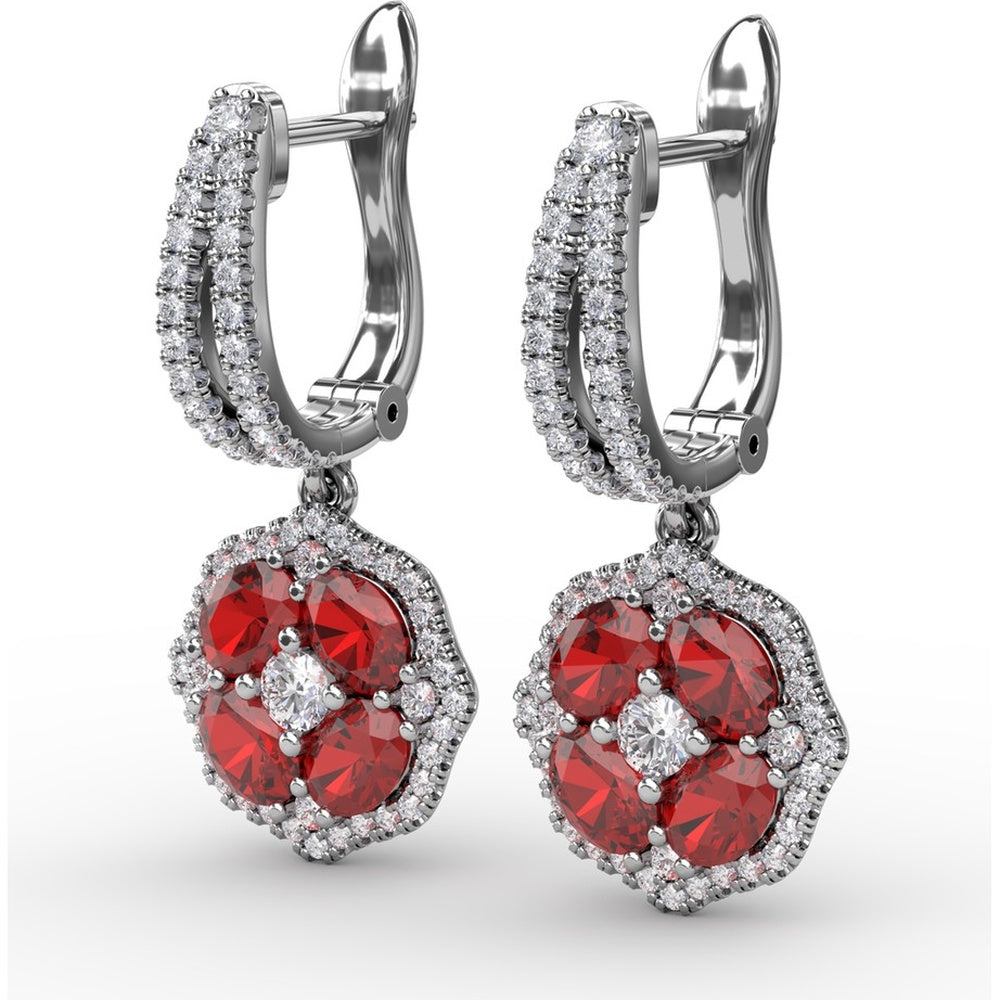 Ruby and Diamond Floral Cluster Drop Earrings by Fana - 2.59 Carat Total Gemstone Weight