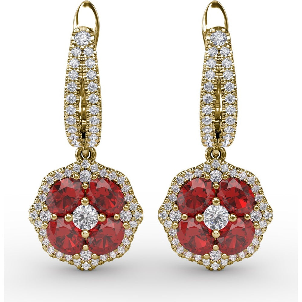 Ruby and Diamond Floral Cluster Drop Earrings by Fana - 2.59 Carat Total Gemstone Weight
