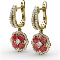 Ruby and Diamond Floral Cluster Drop Earrings by Fana - 2.59 Carat Total Gemstone Weight