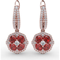 Ruby and Diamond Floral Cluster Drop Earrings by Fana - 2.59 Carat Total Gemstone Weight