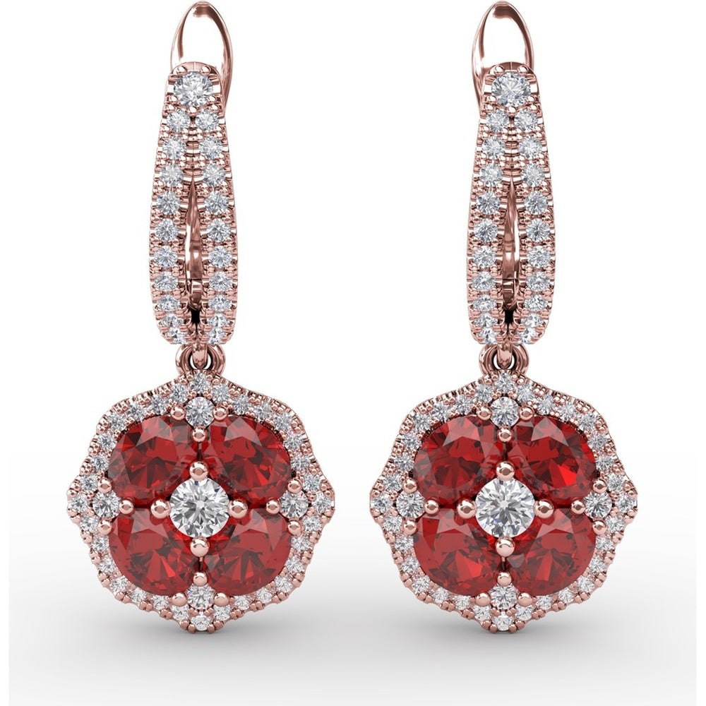 Ruby and Diamond Floral Cluster Drop Earrings by Fana - 2.59 Carat Total Gemstone Weight