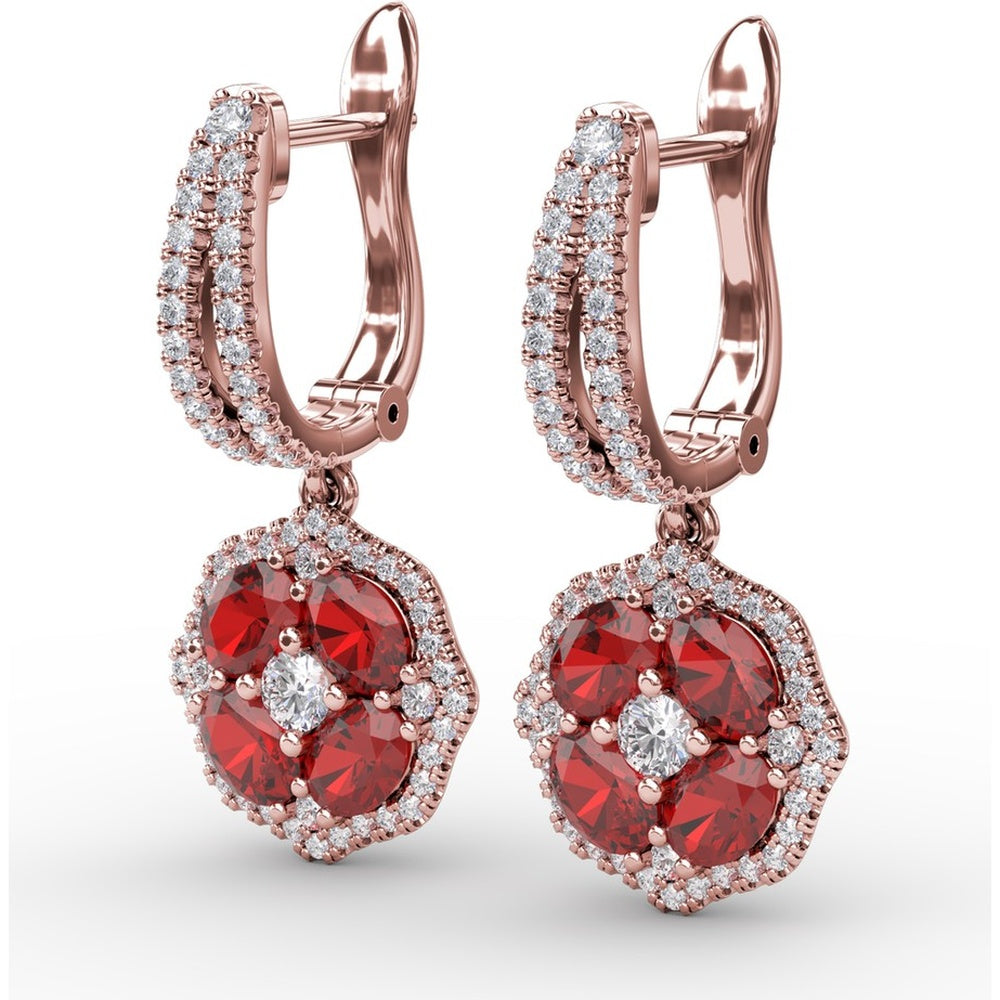 Ruby and Diamond Floral Cluster Drop Earrings by Fana - 2.59 Carat Total Gemstone Weight