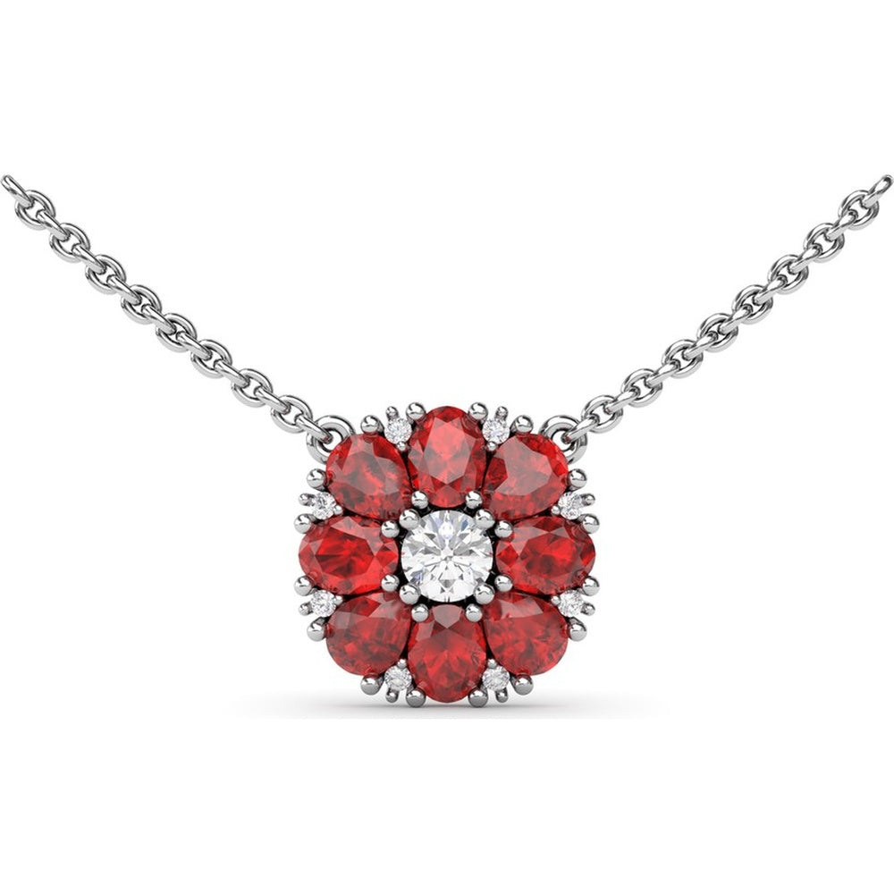 Ruby and Diamond Flower Cluster Pendant Necklace by Fana - 2.05 Carat Total Gemstone Weight