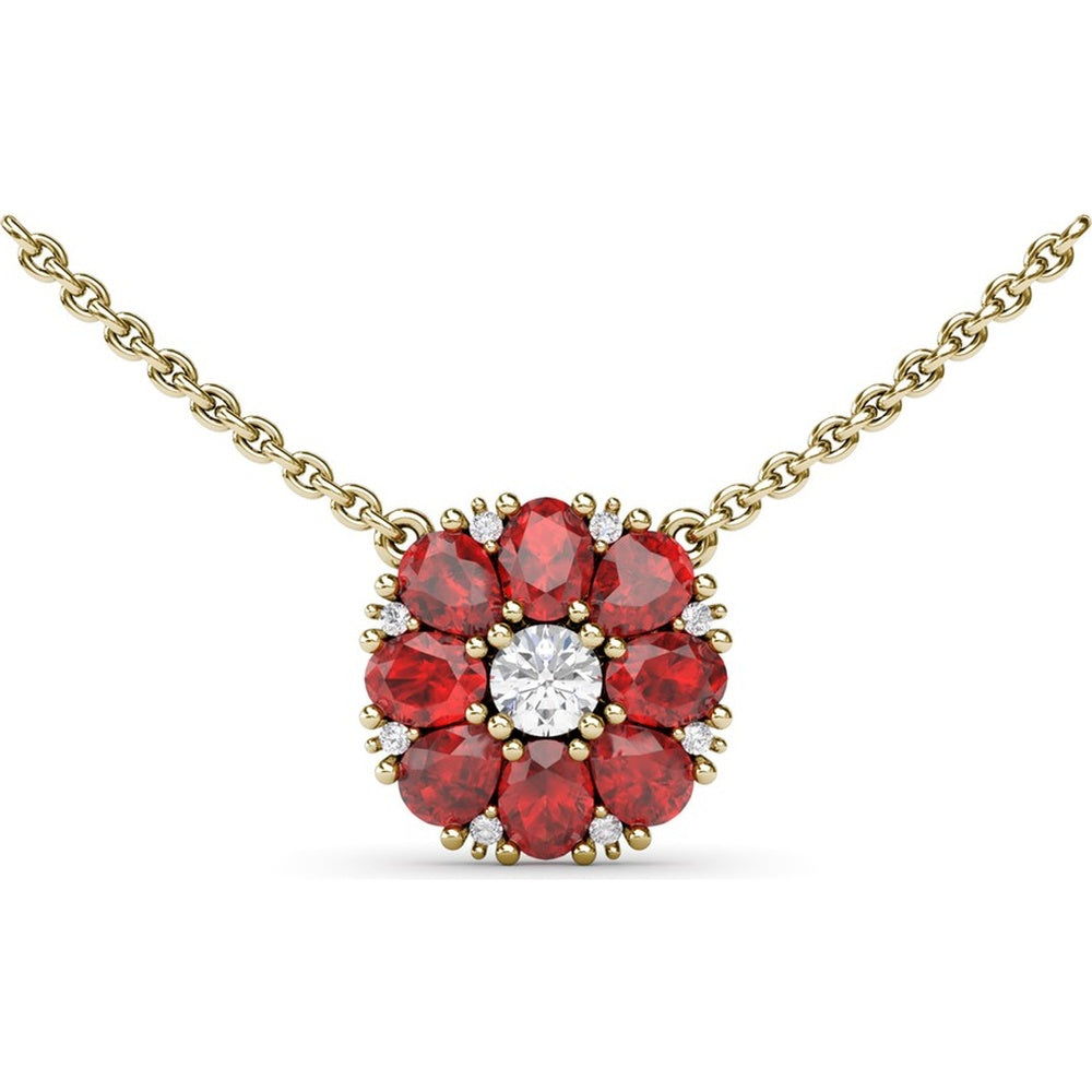 Ruby and Diamond Flower Cluster Pendant Necklace by Fana - 2.05 Carat Total Gemstone Weight