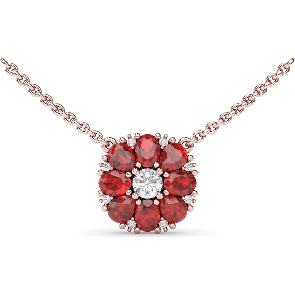 Ruby and Diamond Flower Cluster Pendant Necklace by Fana - 2.05 Carat Total Gemstone Weight