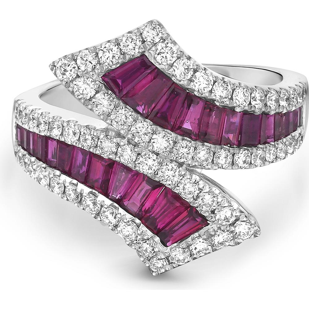Ruby and Diamond Graduated Baguette Bypass Ring in 18K White Gold by Charles Krypell