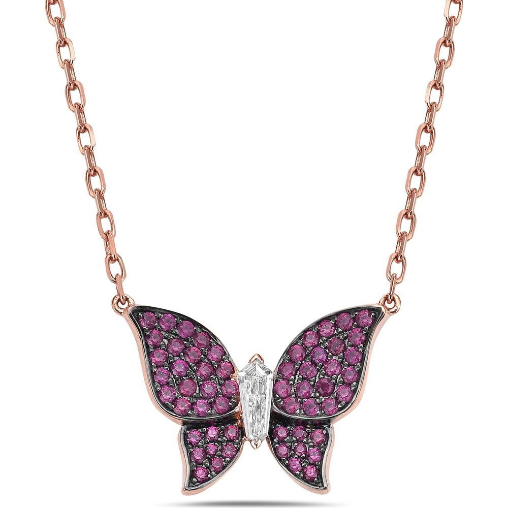 Ruby and Diamond Pavé Butterfly Necklace in 18K Rose Gold by Charles Krypell