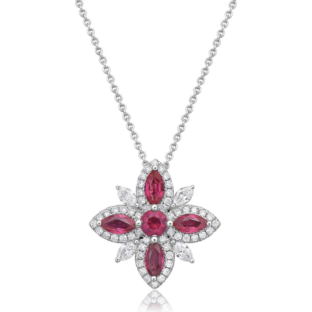 Ruby and Diamond Starburst Necklace in 18K White Gold by Charles Krypell