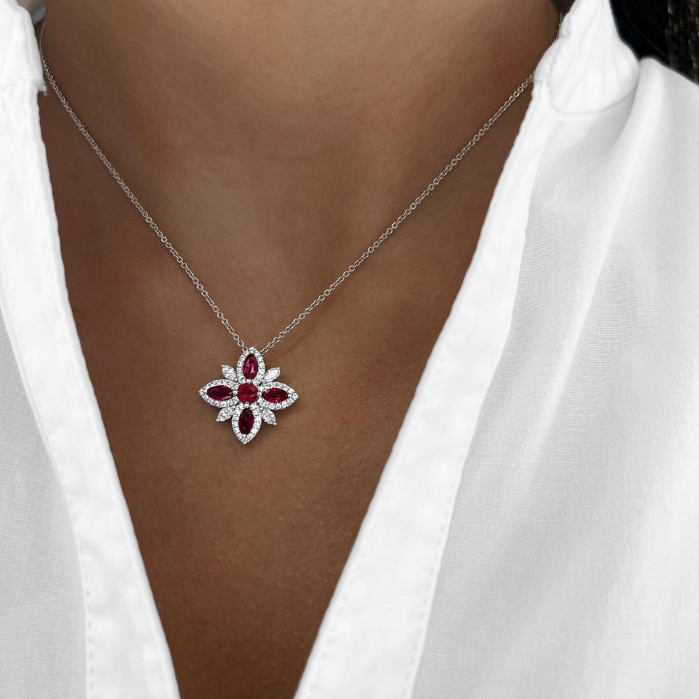 Ruby and Diamond Starburst Necklace in 18K White Gold by Charles Krypell