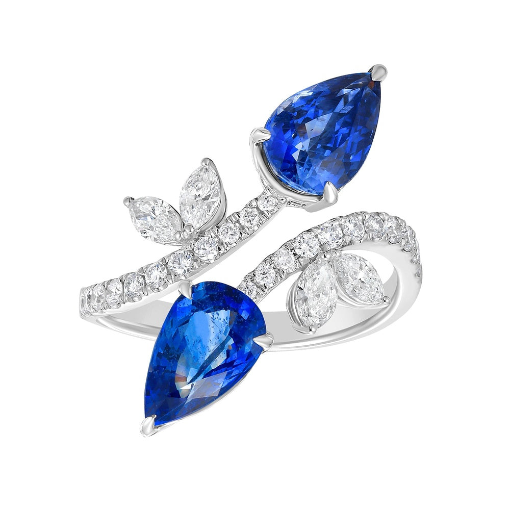 Ruchi New York - 18K White Gold Amara Ring with Pear-Shaped Blue Sapphires and Marquise Diamond Leaves - 3.35 Carat Sapphire, 0.52 Carat Diamond