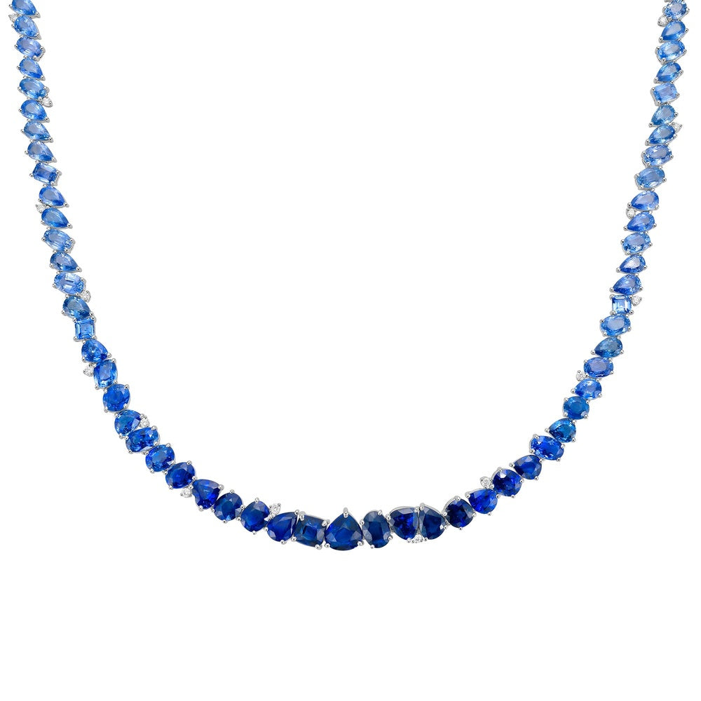 Ruchi New York - 18K White Gold Ombré Blue Sapphire Tennis Necklace with Diamond Accents - 53.94 Carat Total Sapphire Weight
