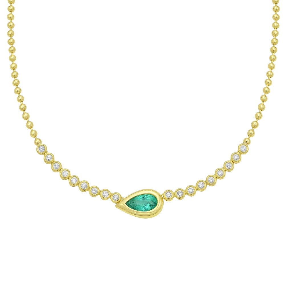 Ruchi New York - 18K Yellow Gold 18" Station Necklace with Pear Cut Emerald and Bezel Set Round Diamonds - 0.94 Carat Emerald and 0.42 Carat Diamond Total Weight