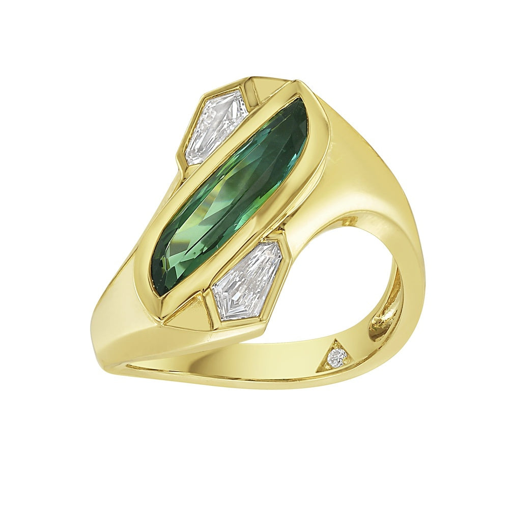 Ruchi New York - 18K Yellow Gold Fenix Cocktail Ring with Flame-Cut Green Tourmaline and Kite-Cut Diamonds - 1.31 Carat Tourmaline and 0.34 Carat Diamond