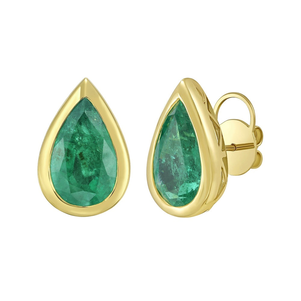 Ruchi New York - 18K Yellow Gold Pear-Shaped Natural Emerald Stud Earrings with Bezel Setting - 10.17 Carat Total Emerald Weight