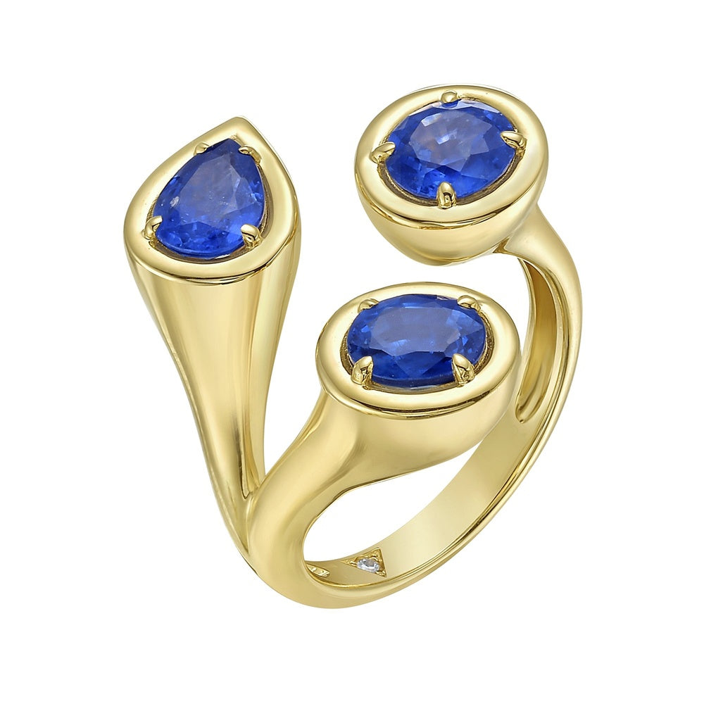 Ruchi New York - 18K Yellow Gold Vesper Ring with Bezel-Set Pear and Oval Natural Blue Sapphires - 2.60 Carat Total Sapphire Weight
