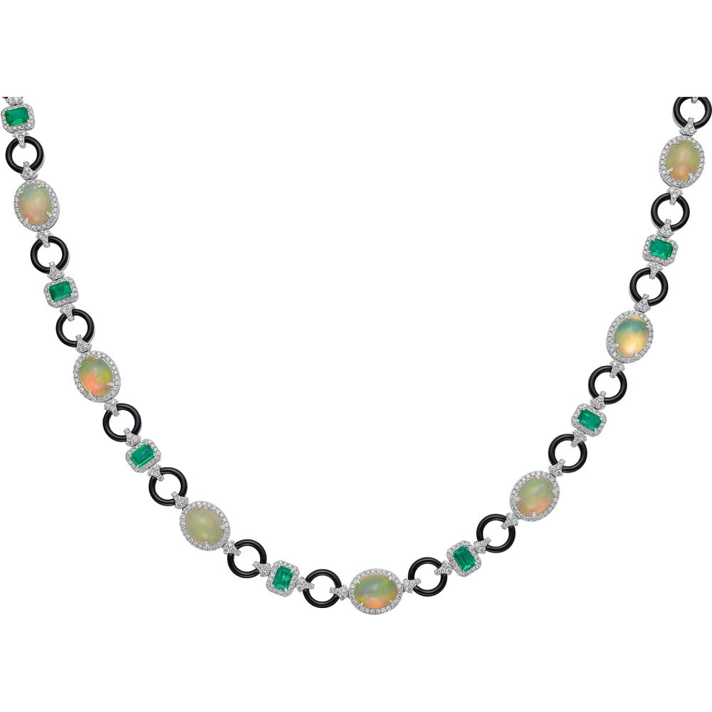 Ruchi New York - Agape Opal, Colombian Emerald, Black Agate & Diamond Statement Necklace in 18K White Gold - Ruchi New York