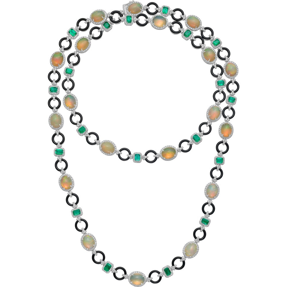 Ruchi New York - Agape Opal, Colombian Emerald, Black Agate & Diamond Statement Necklace in 18K White Gold - Ruchi New York