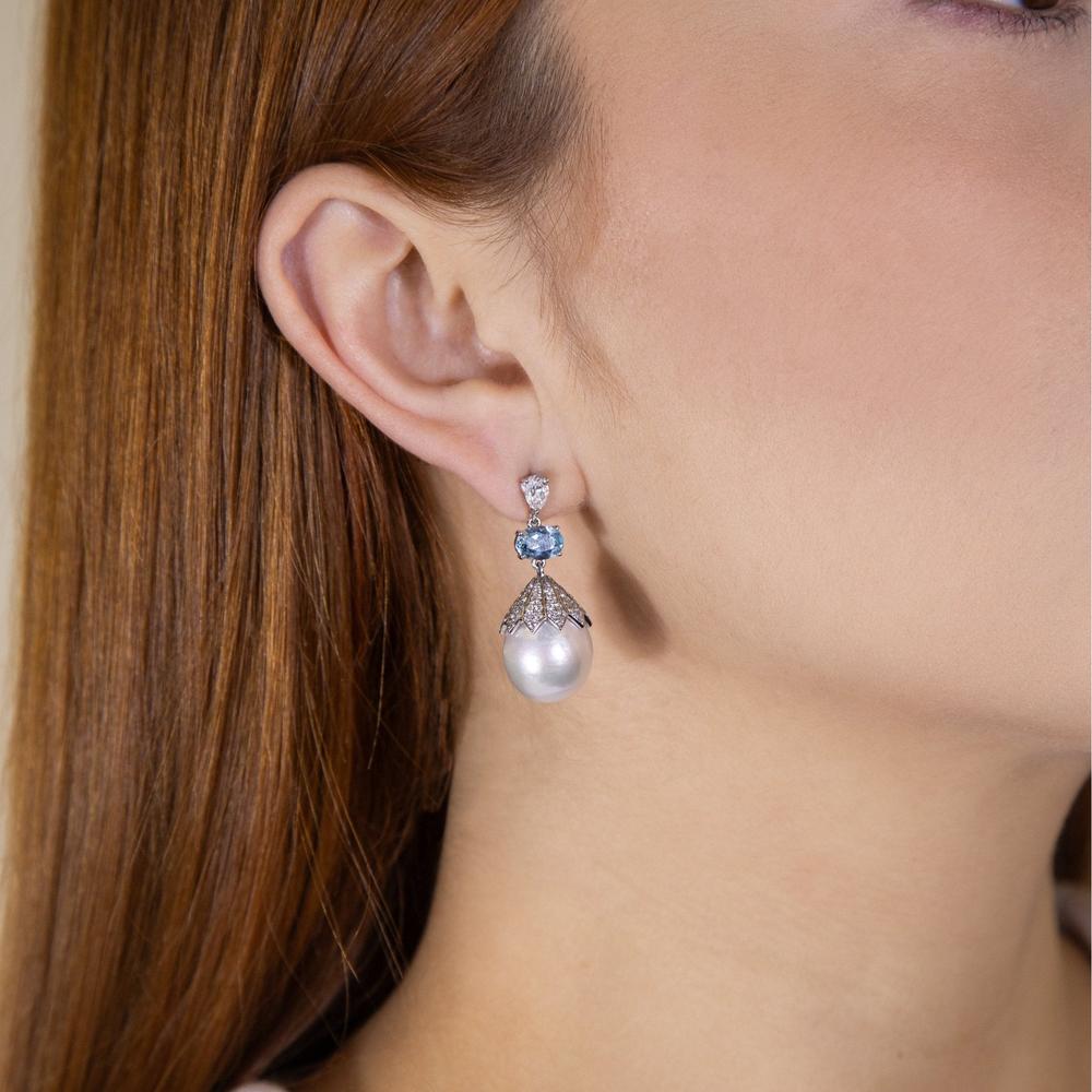 Ruchi New York - Anastasia Pearl and Aquamarine Earrings in 18K White Gold