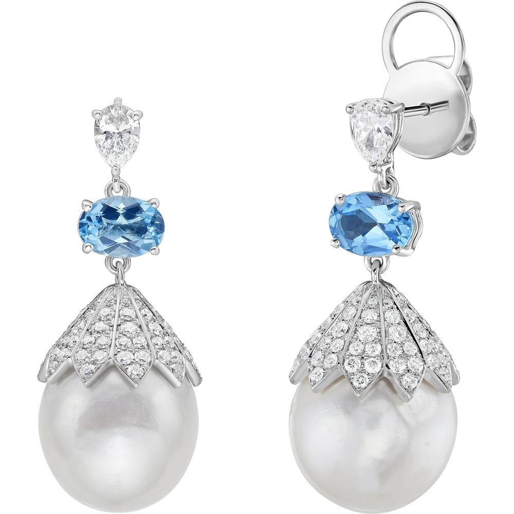 Ruchi New York - Anastasia Pearl and Aquamarine Earrings in 18K White Gold