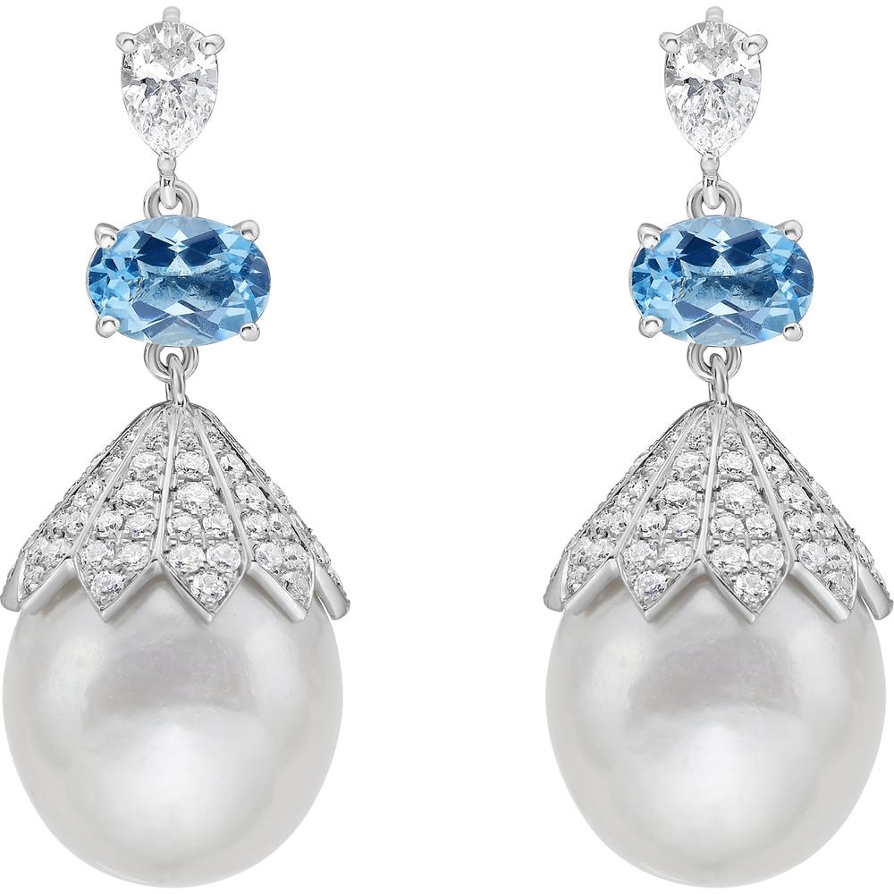 Ruchi New York - Anastasia Pearl and Aquamarine Earrings in 18K White Gold