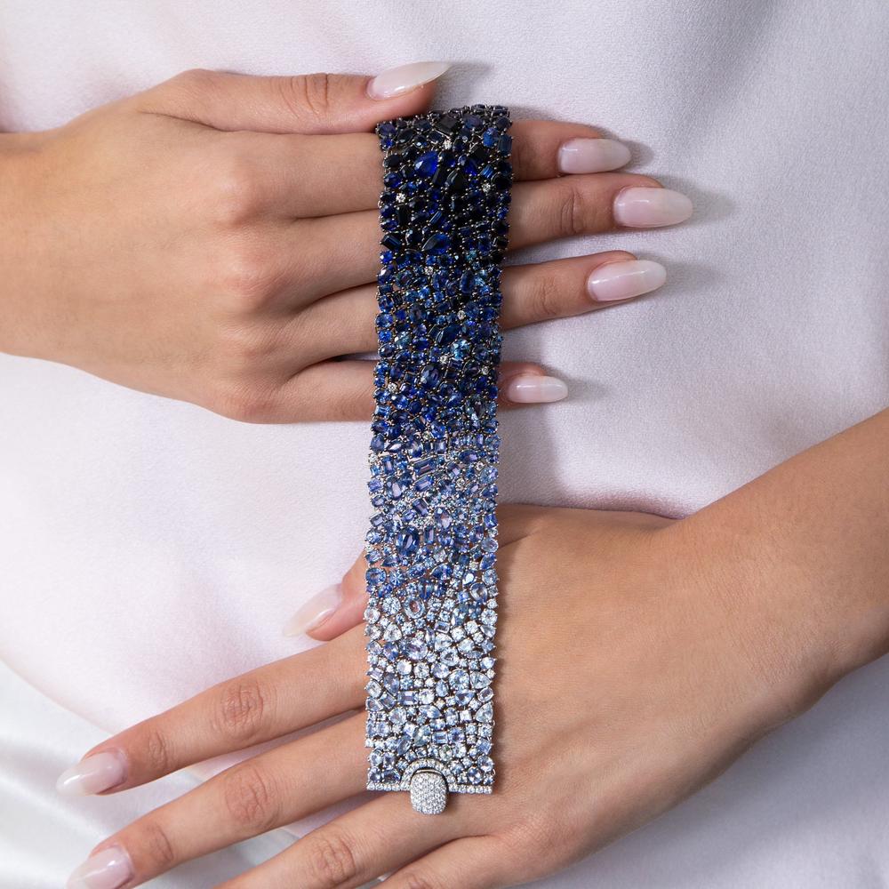 Ruchi New York - Andromeda Blue Sapphire Statement Bracelet in 18K White Gold