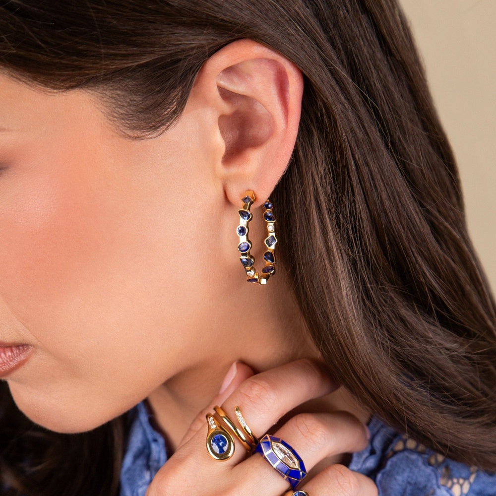 Ruchi New York - Arles Blue Sapphire & Diamond Mixed-Shape Hoop Earrings in 18K Yellow Gold - Ruchi New York