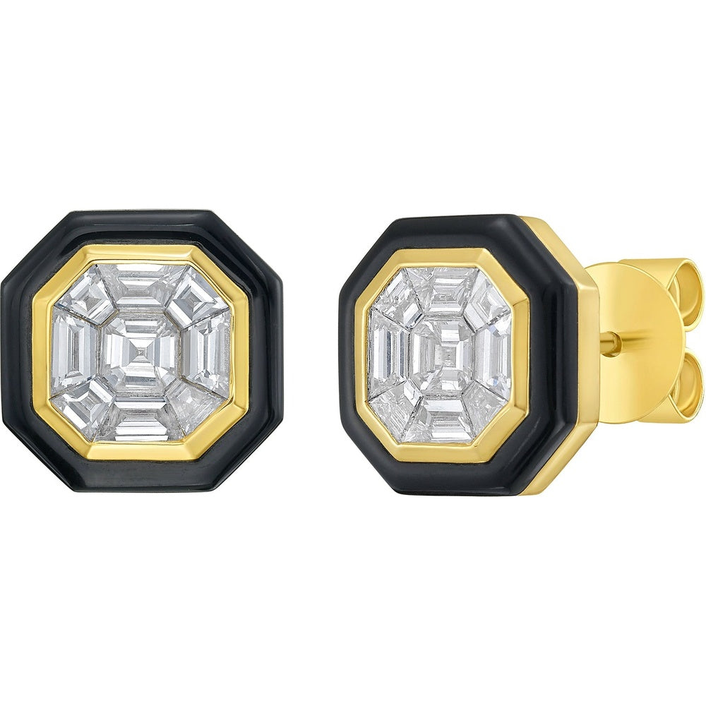 Ruchi New York - Black Velvet Diamond & Black Agate Stud Earrings in 18K Yellow Gold - Ruchi New York